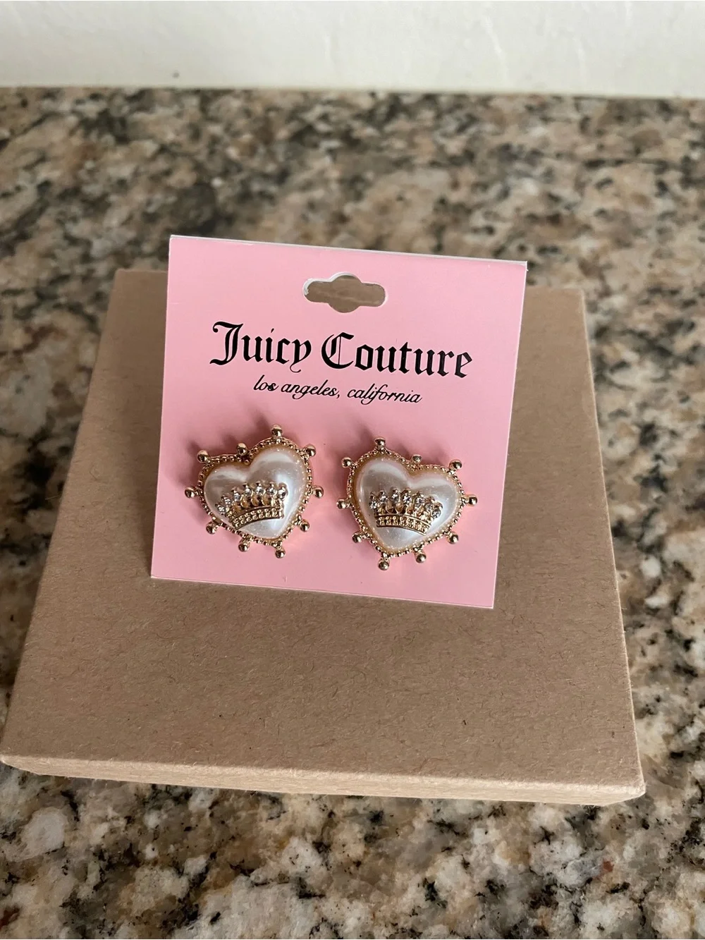 Juicy Couture Pearl Heart Crown Stud Earrings - Pink & Gold
